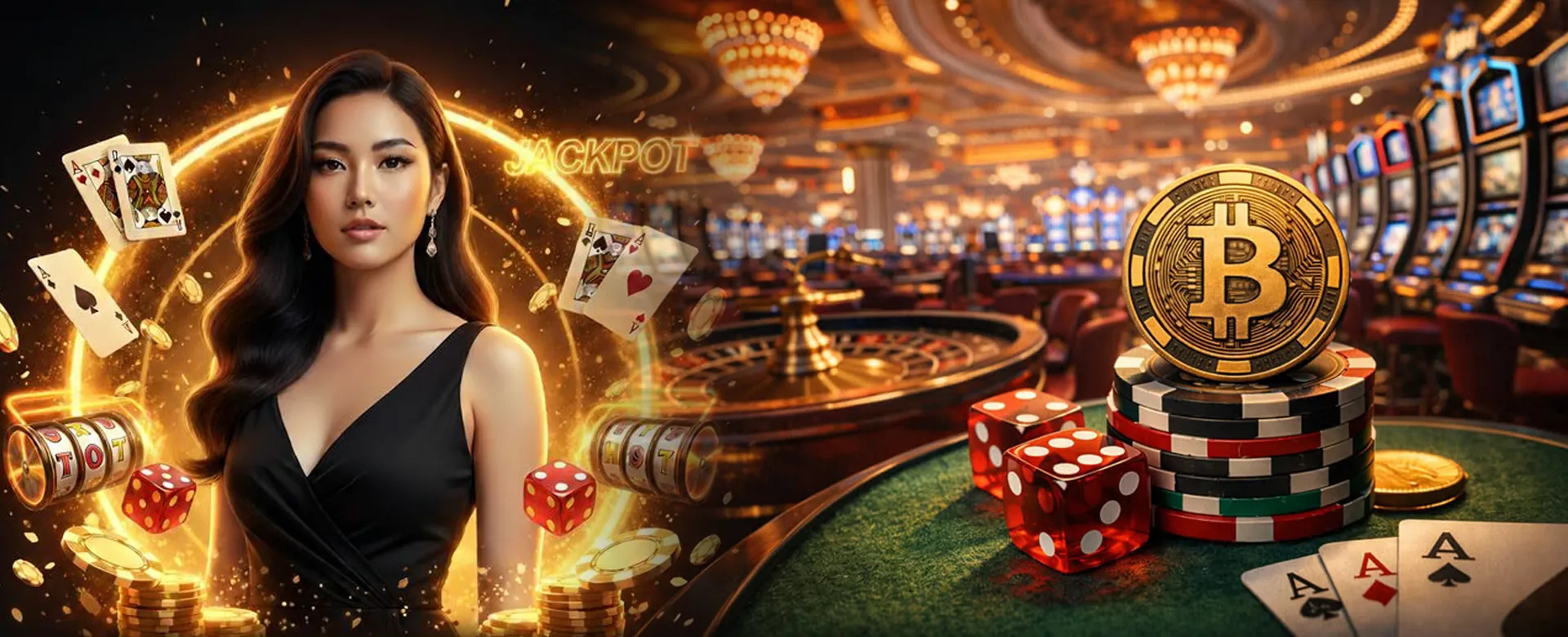 Dynamic casino background with slot machines and card games, representing Pinas77 Casino